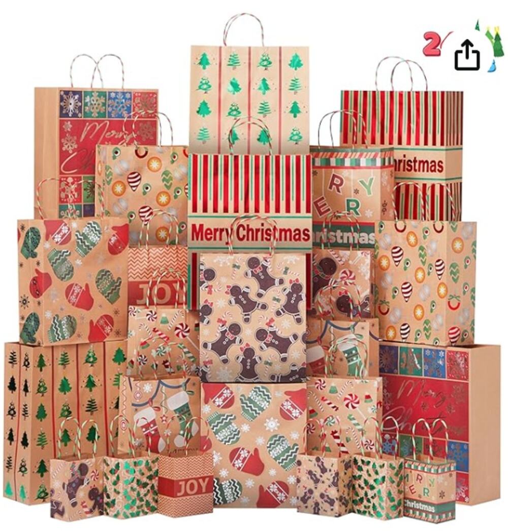 24 Christmas Foil Craft Gift Bags Assorted Sizes with Twine Handles-24 Different